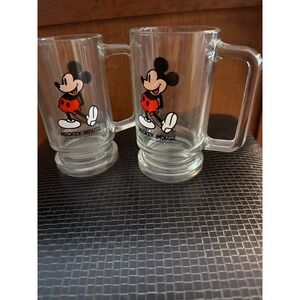 Mickey Mouse Glass Beer Mug Set Walt Disney Productions Collectible Drinkware
